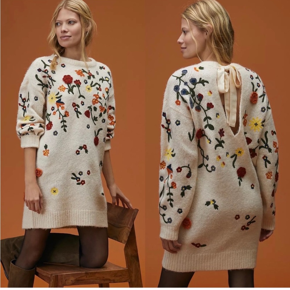 Anthropologie Cream Sweater with Multicolor Floral Design